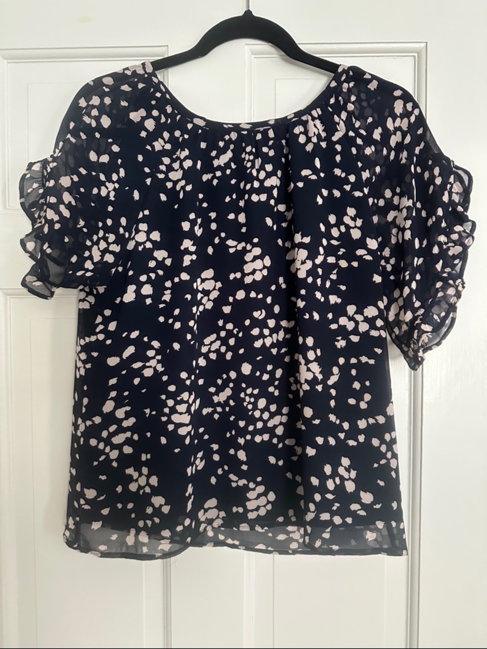 Madewell Navy Blouse with Blush Spot Print and Ruffled Short Sleeves